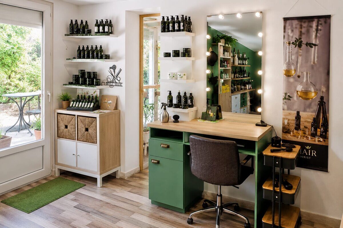 Espace coiffage et boutique de soins du salon Myst Hair, miroir cerné d'ampoules