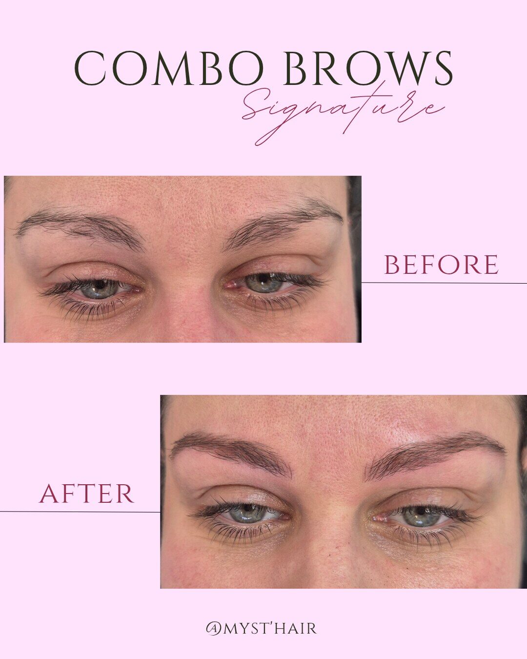 Avant / après de combo brows réalisés chez Myst Hair : poil à poil à l'avant et ombrage structurant à l'arrière