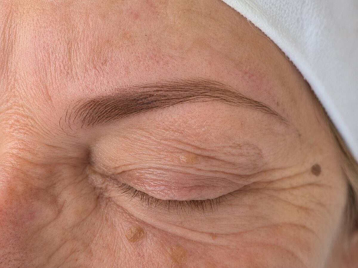 Sourcil redéfini et intensifié par une teinture, sur une peau mature