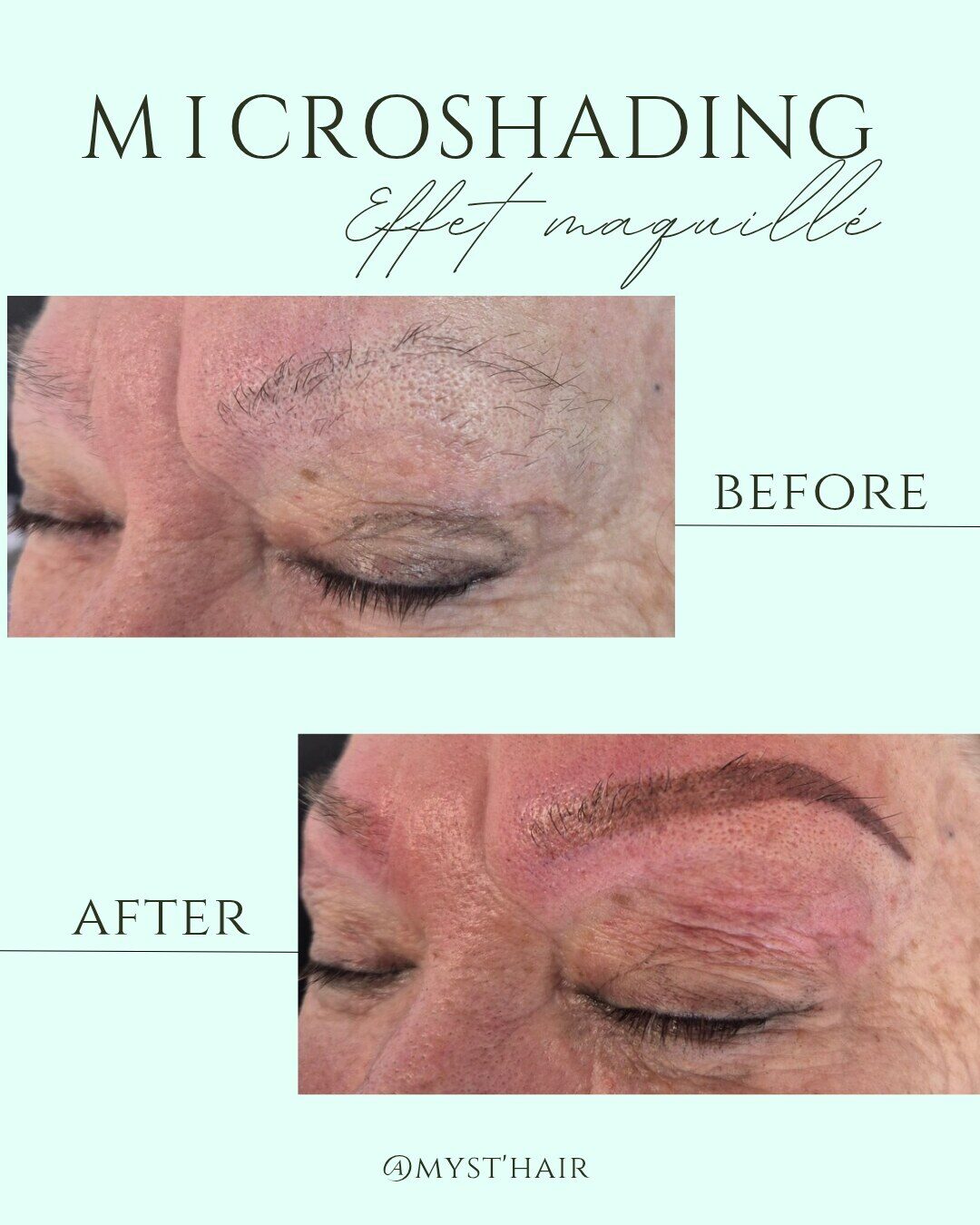 Avant / après d'un microshading réalisé chez Myst Hair : sourcils ombrés pour un rendu poudré