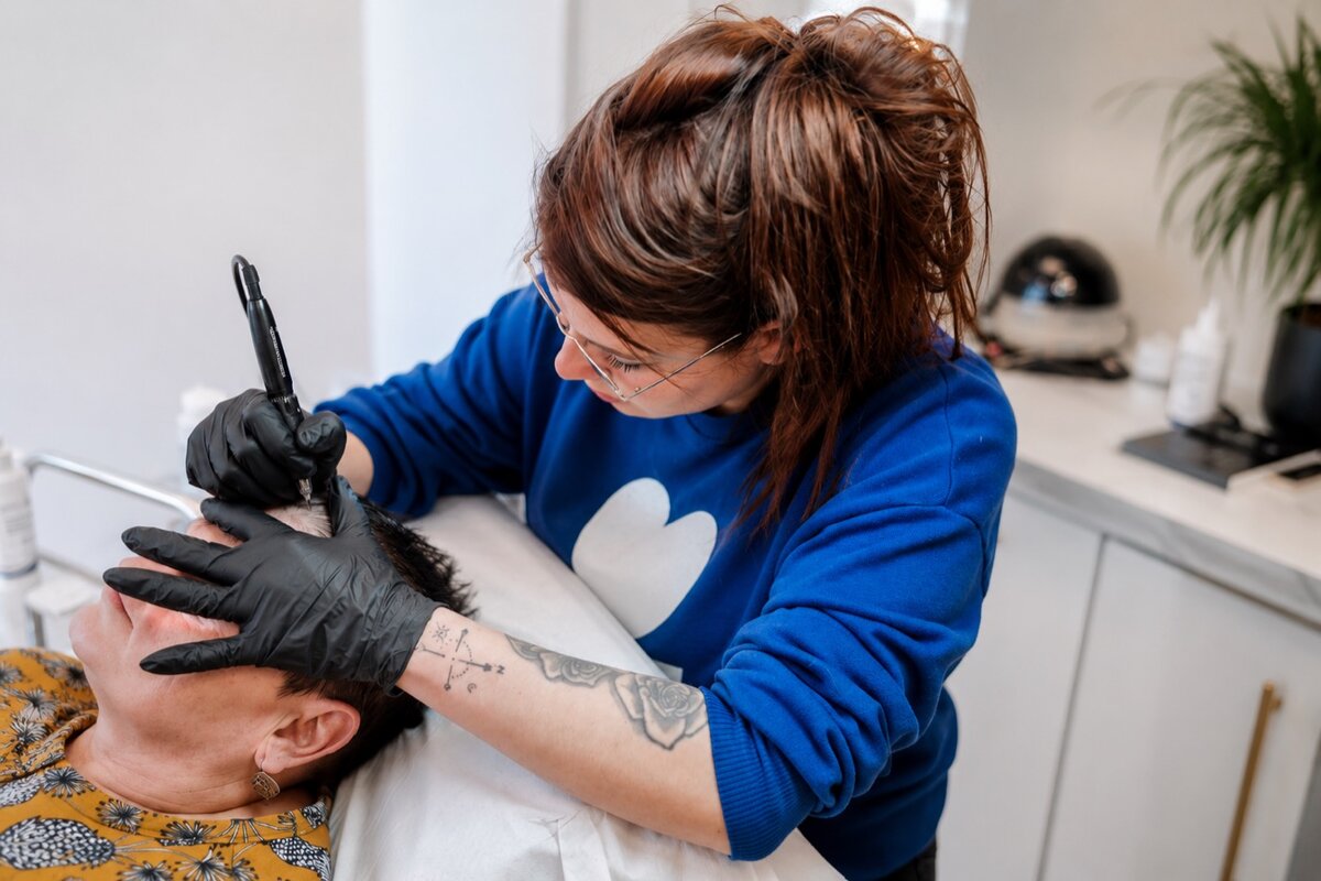 Vanessa en pleine séance de tricopigmentation du cuir chevelu au salon Myst Hair